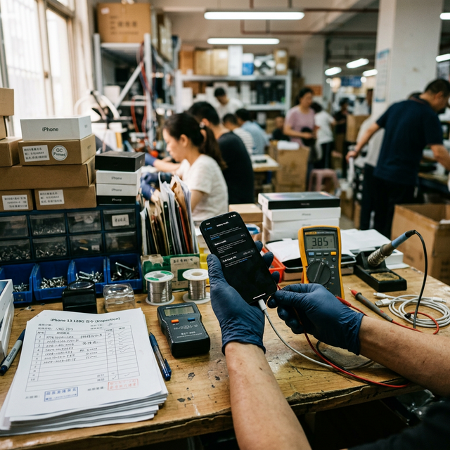 Realistic iPhone inspection workspace in Guangzhou